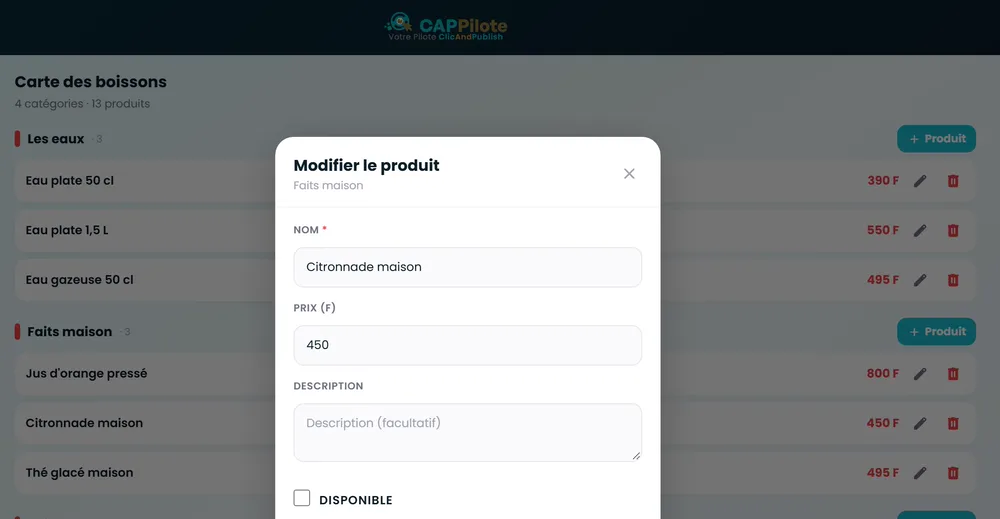 La fiche d'un produit dans CapPilote, avec sa case « Disponible »